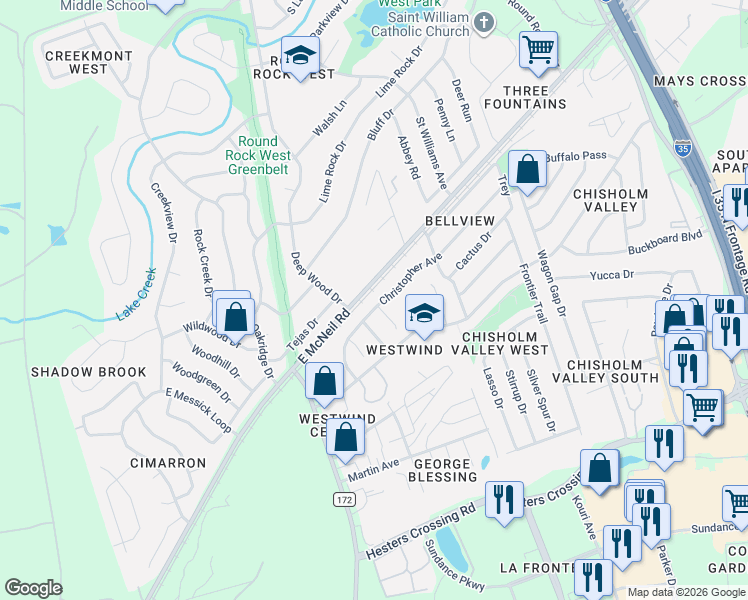 map of restaurants, bars, coffee shops, grocery stores, and more near 1128 Christopher Avenue in Round Rock