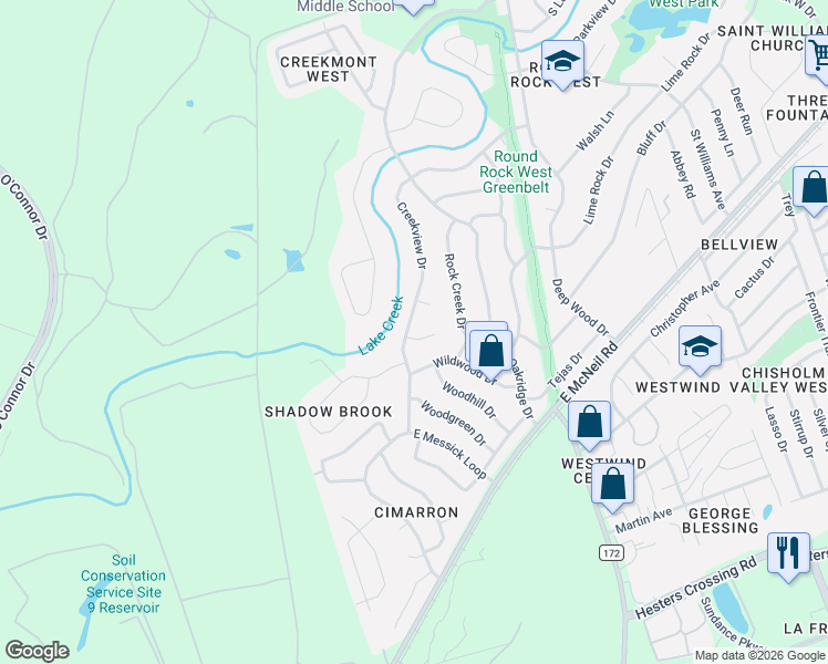 map of restaurants, bars, coffee shops, grocery stores, and more near 1710 Cedar Creek Cove in Round Rock