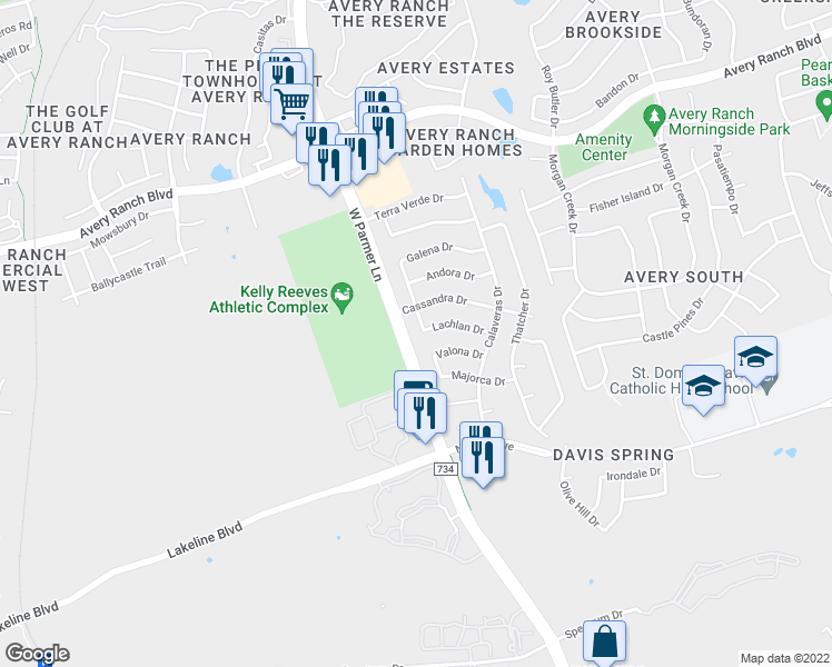 map of restaurants, bars, coffee shops, grocery stores, and more near 10057 Lachlan Drive in Austin