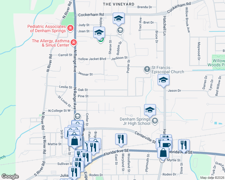 map of restaurants, bars, coffee shops, grocery stores, and more near 322 Oak Street in Denham Springs