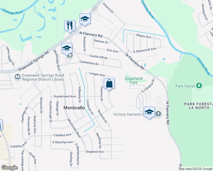 map of restaurants, bars, coffee shops, grocery stores, and more near 4561 Union Drive in Baton Rouge