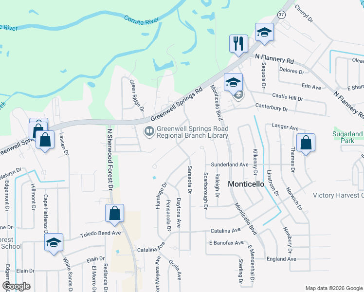 map of restaurants, bars, coffee shops, grocery stores, and more near 11722 Biscayne Drive in Baton Rouge