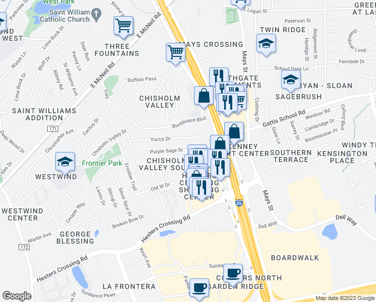 map of restaurants, bars, coffee shops, grocery stores, and more near 1801 Rawhide Loop in Round Rock