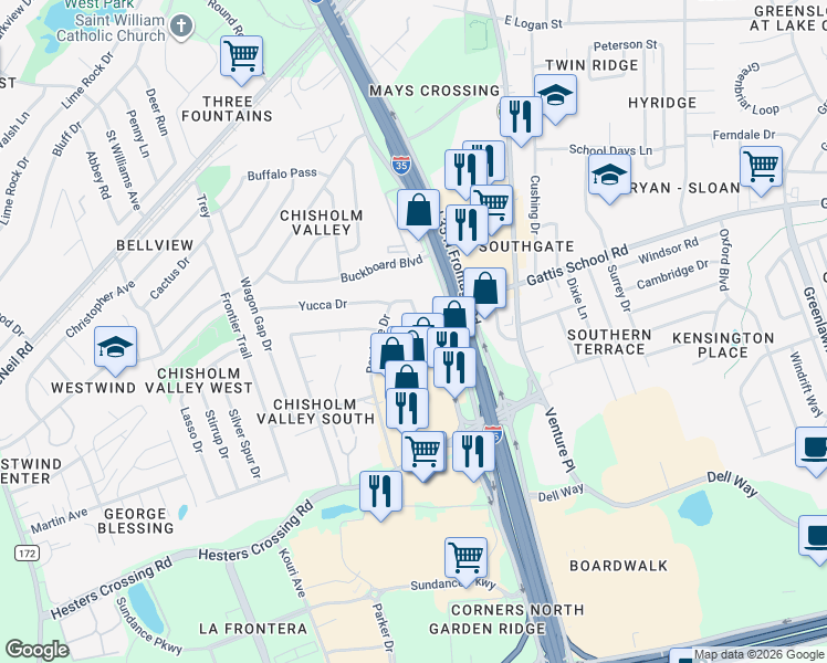 map of restaurants, bars, coffee shops, grocery stores, and more near 327 Rawhide Drive in Round Rock