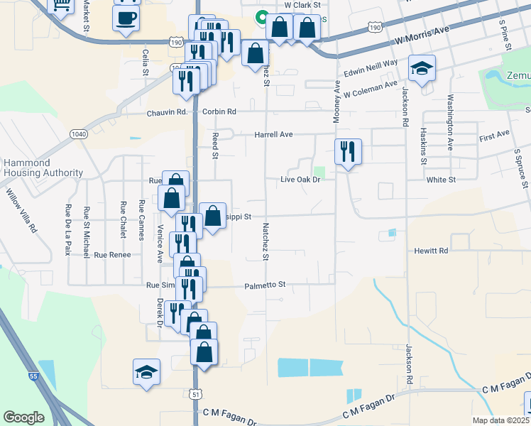 map of restaurants, bars, coffee shops, grocery stores, and more near 500 Mississippi Street in Hammond