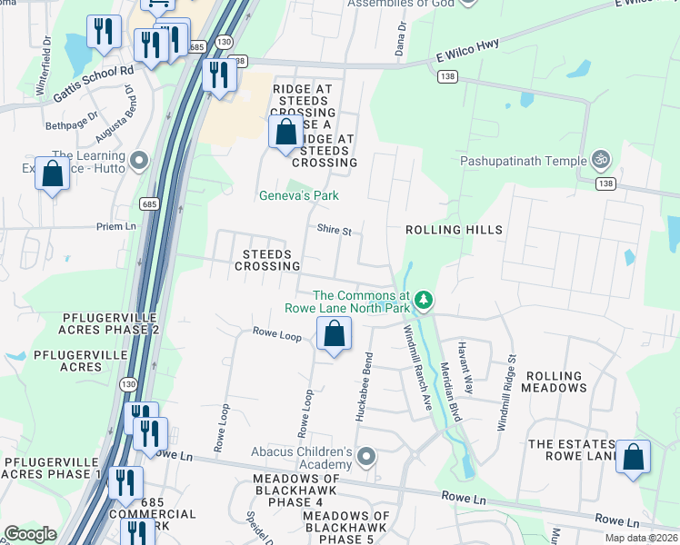 map of restaurants, bars, coffee shops, grocery stores, and more near 20903 Gelding Lane in Pflugerville