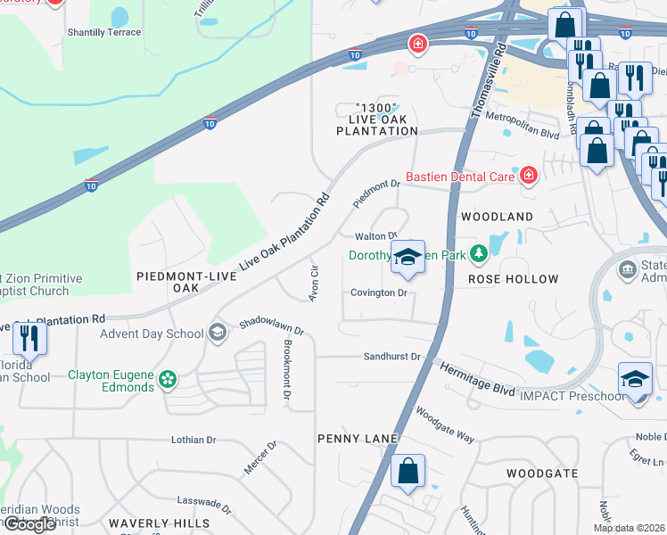map of restaurants, bars, coffee shops, grocery stores, and more near 3204 Adwood Drive in Tallahassee