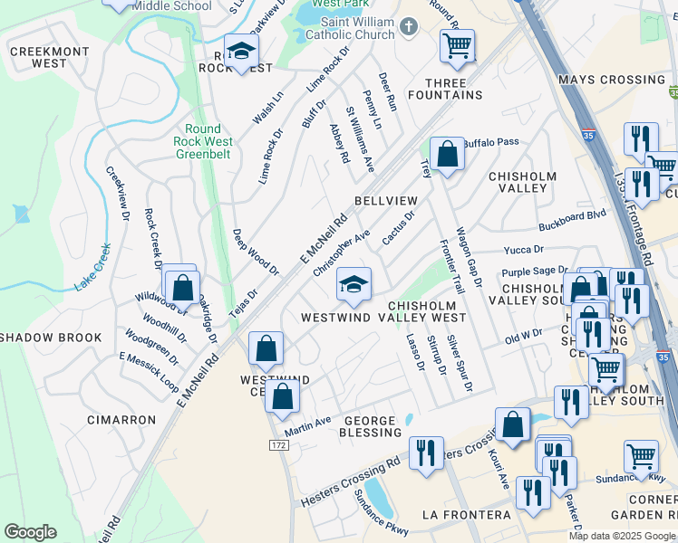map of restaurants, bars, coffee shops, grocery stores, and more near 2010 Laura Court in Round Rock