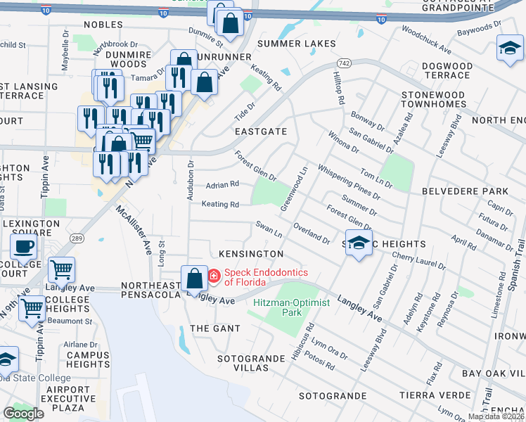 map of restaurants, bars, coffee shops, grocery stores, and more near 3541 Overland Drive in Pensacola