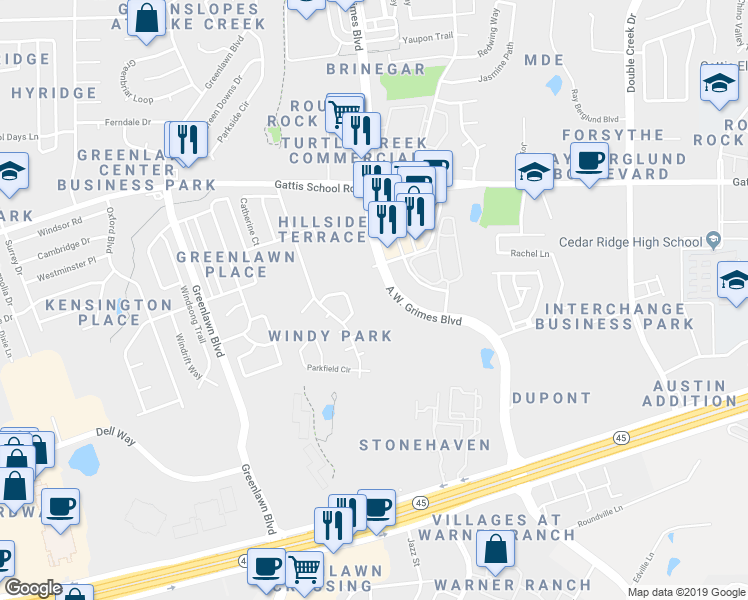 map of restaurants, bars, coffee shops, grocery stores, and more near 1950 S A.W. Grimes Boulevard in Round Rock