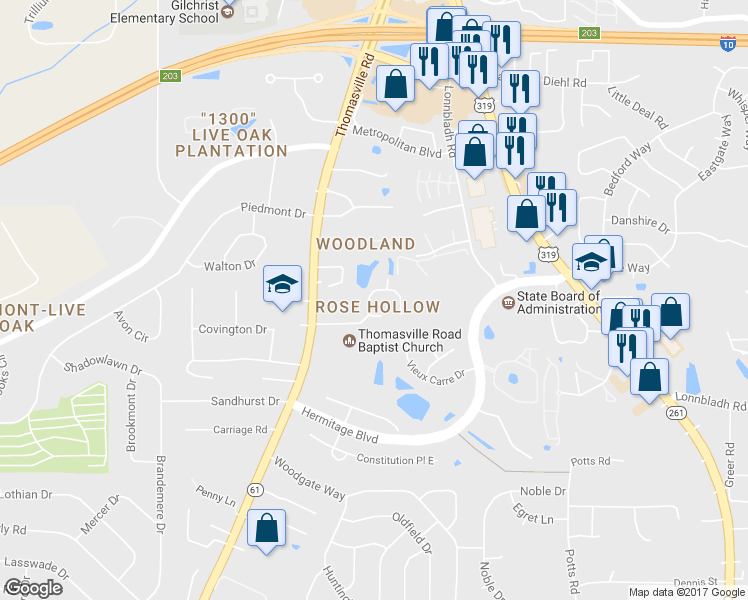 map of restaurants, bars, coffee shops, grocery stores, and more near 3114 Brockton Way in Tallahassee