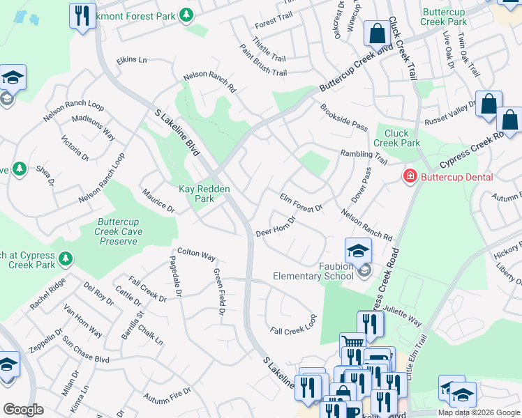 map of restaurants, bars, coffee shops, grocery stores, and more near 1500 Deer Ledge Trail in Cedar Park