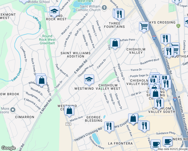 map of restaurants, bars, coffee shops, grocery stores, and more near 1713 Tamra Court in Round Rock