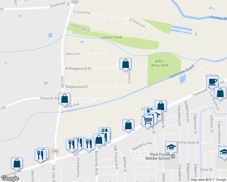 map of restaurants, bars, coffee shops, grocery stores, and more near 4545 Sunnybrook Drive in Baton Rouge