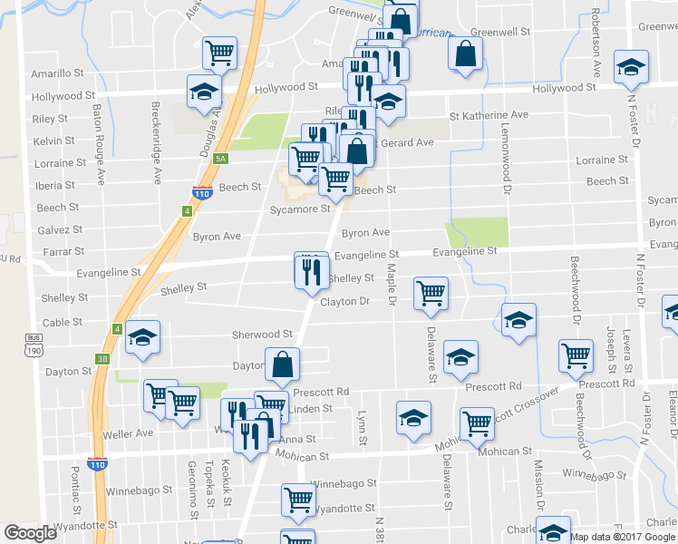 map of restaurants, bars, coffee shops, grocery stores, and more near 3521 Shelley Street in Baton Rouge
