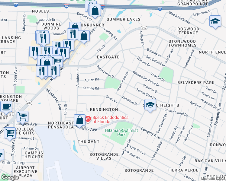 map of restaurants, bars, coffee shops, grocery stores, and more near 3541 Overland Drive in Pensacola