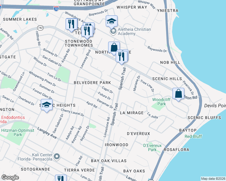 map of restaurants, bars, coffee shops, grocery stores, and more near 4242 Capri Drive in Pensacola