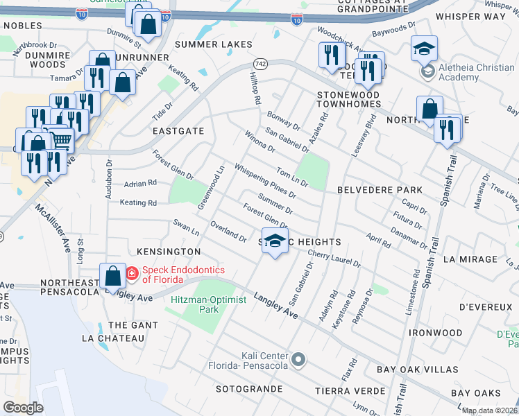 map of restaurants, bars, coffee shops, grocery stores, and more near 3720 Forest Glen Drive in Pensacola