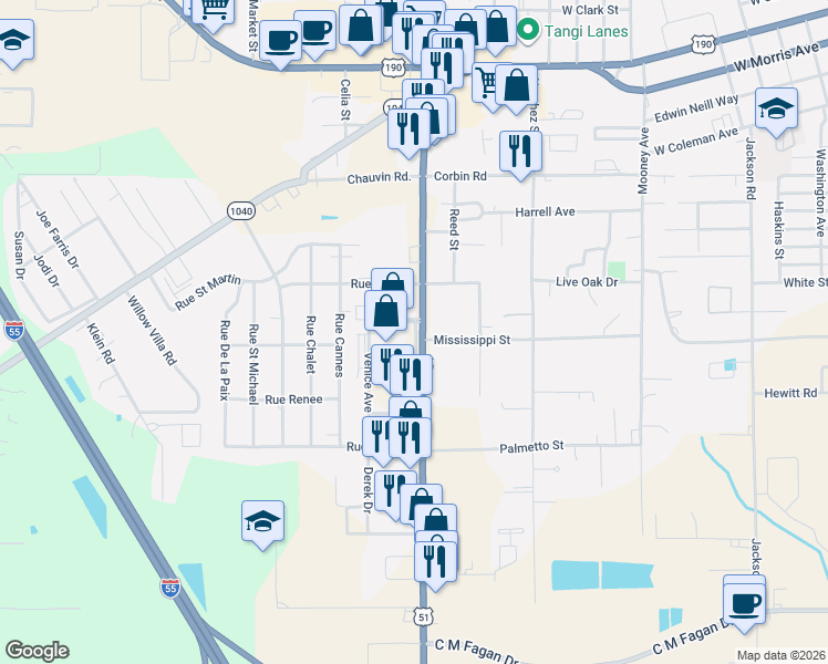 map of restaurants, bars, coffee shops, grocery stores, and more near 808 Roma Avenue in Hammond
