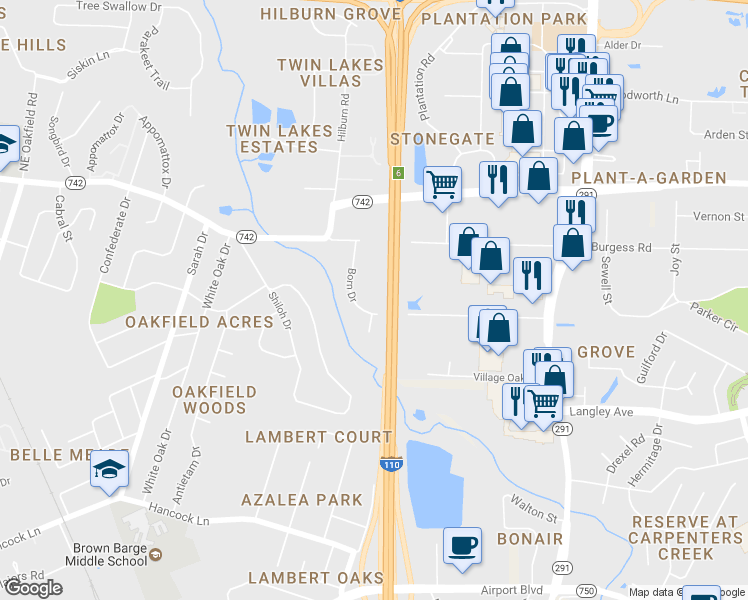 map of restaurants, bars, coffee shops, grocery stores, and more near 5976 Born Drive in Pensacola