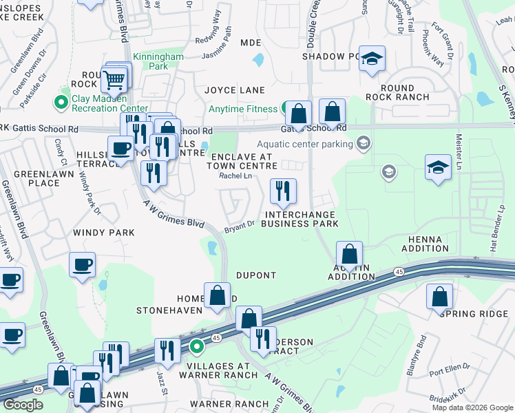 map of restaurants, bars, coffee shops, grocery stores, and more near 2154 Rachel Lane in Round Rock