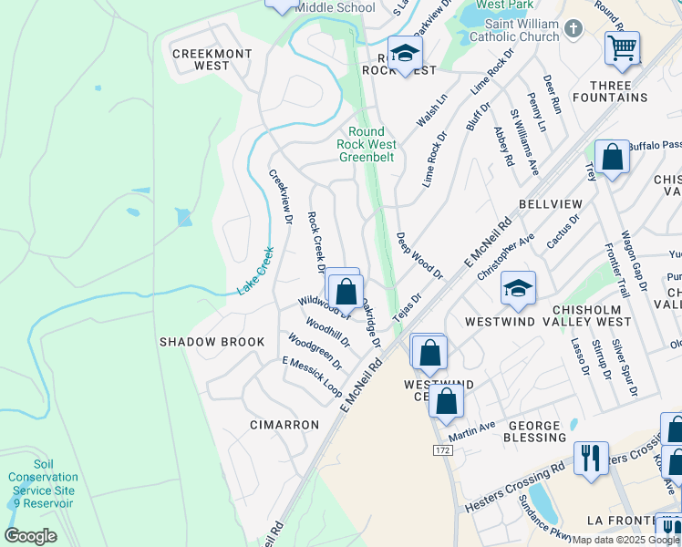 map of restaurants, bars, coffee shops, grocery stores, and more near 1904 Oakridge Drive in Round Rock