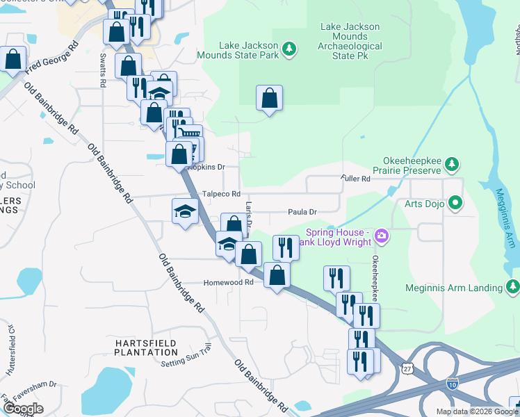 map of restaurants, bars, coffee shops, grocery stores, and more near 1716 Paula Drive in Tallahassee