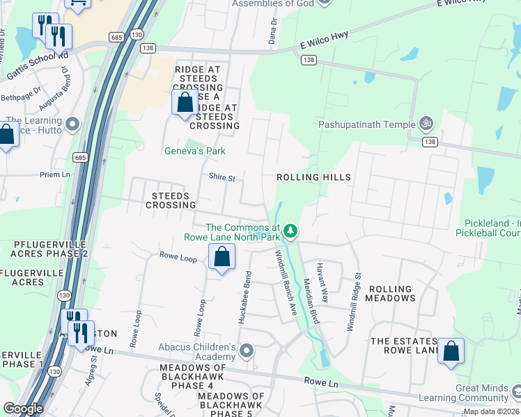 map of restaurants, bars, coffee shops, grocery stores, and more near 21300 Windmill Ranch Avenue in Pflugerville