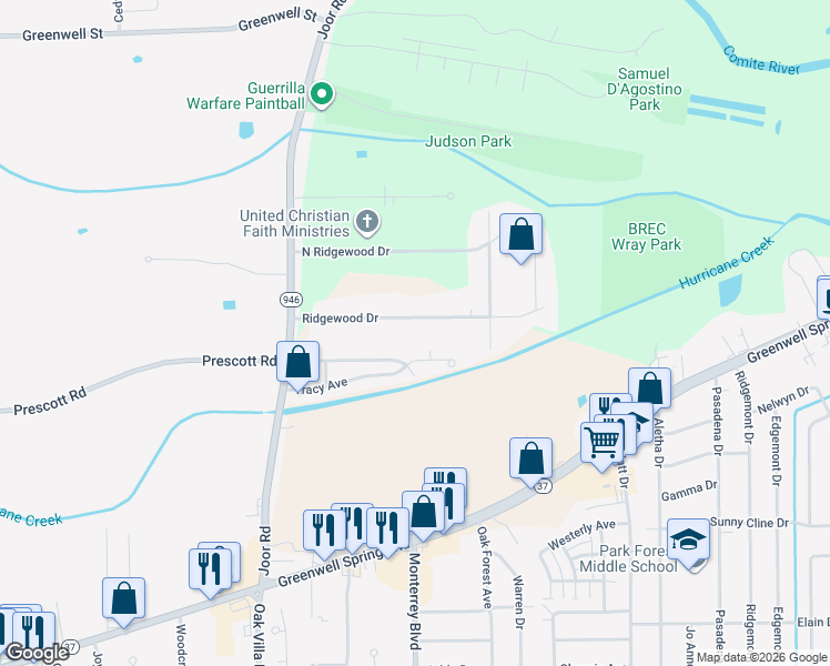 map of restaurants, bars, coffee shops, grocery stores, and more near 9412 Ridgewood Drive in Baton Rouge