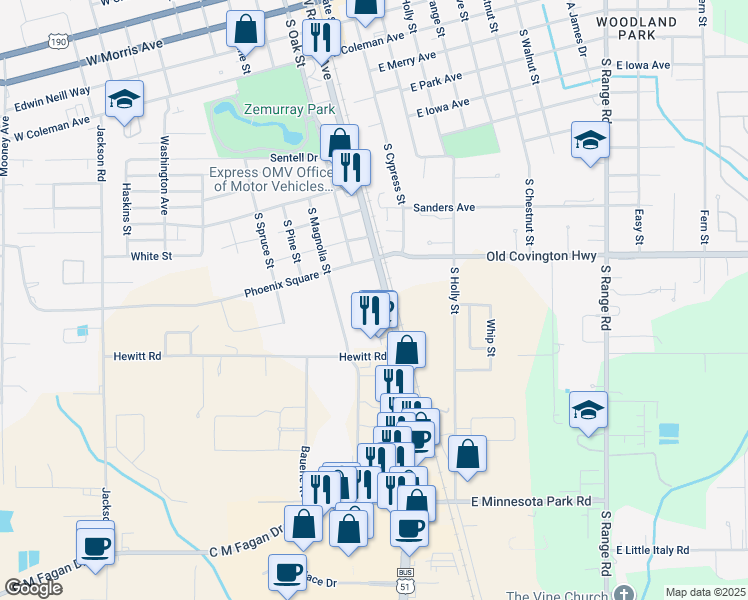 map of restaurants, bars, coffee shops, grocery stores, and more near 1290 Southwest Railroad Avenue in Hammond