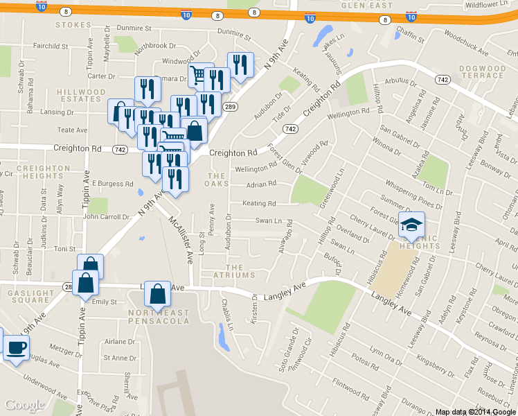 map of restaurants, bars, coffee shops, grocery stores, and more near 3275 Keating Rd in Pensacola