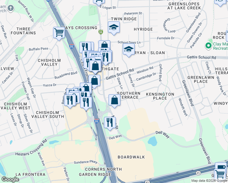 map of restaurants, bars, coffee shops, grocery stores, and more near 1904 Montclair Drive in Round Rock