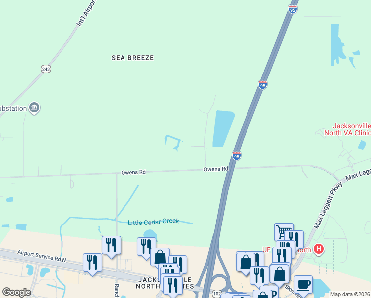 map of restaurants, bars, coffee shops, grocery stores, and more near 14198 Sharon Owens Road in Jacksonville