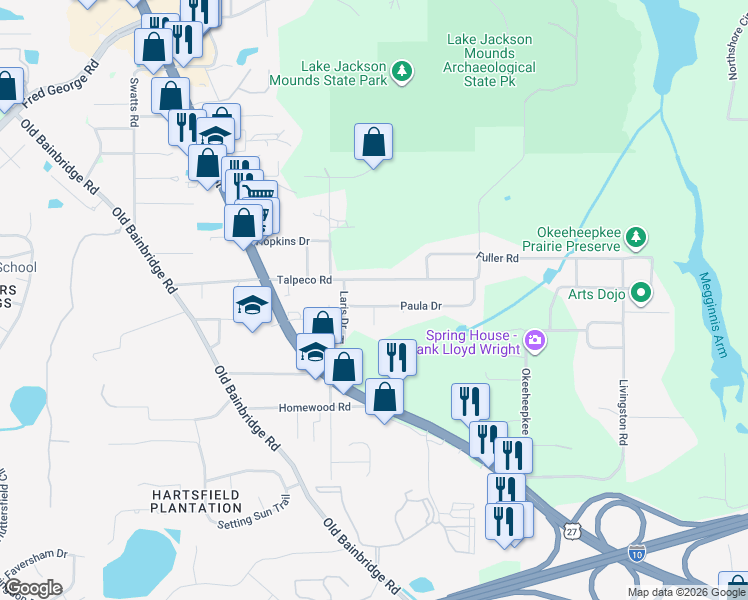 map of restaurants, bars, coffee shops, grocery stores, and more near 1716 Paula Drive in Tallahassee