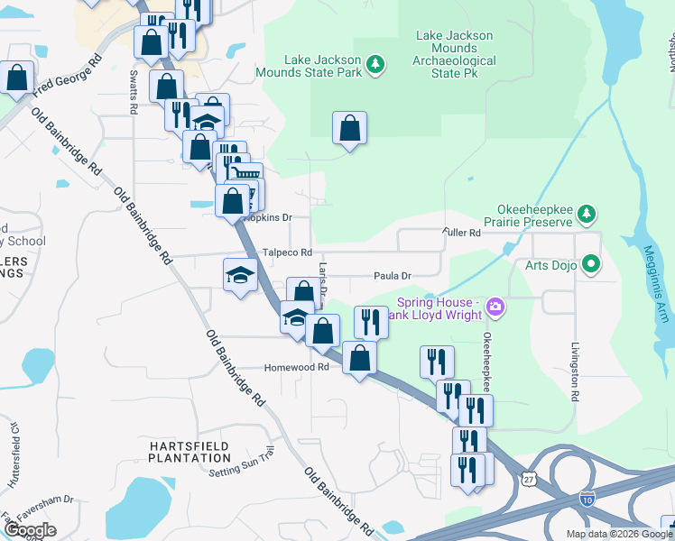 map of restaurants, bars, coffee shops, grocery stores, and more near 1716 Paula Drive in Tallahassee