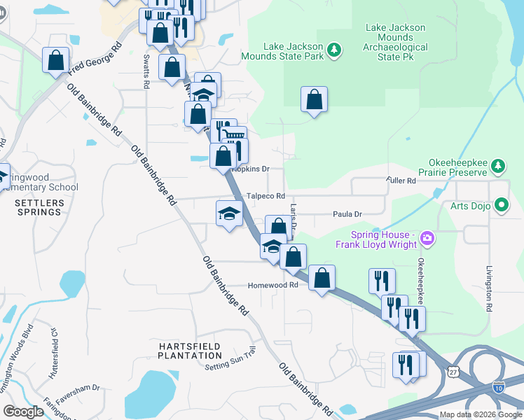 map of restaurants, bars, coffee shops, grocery stores, and more near 1746 Ruby Road in Tallahassee