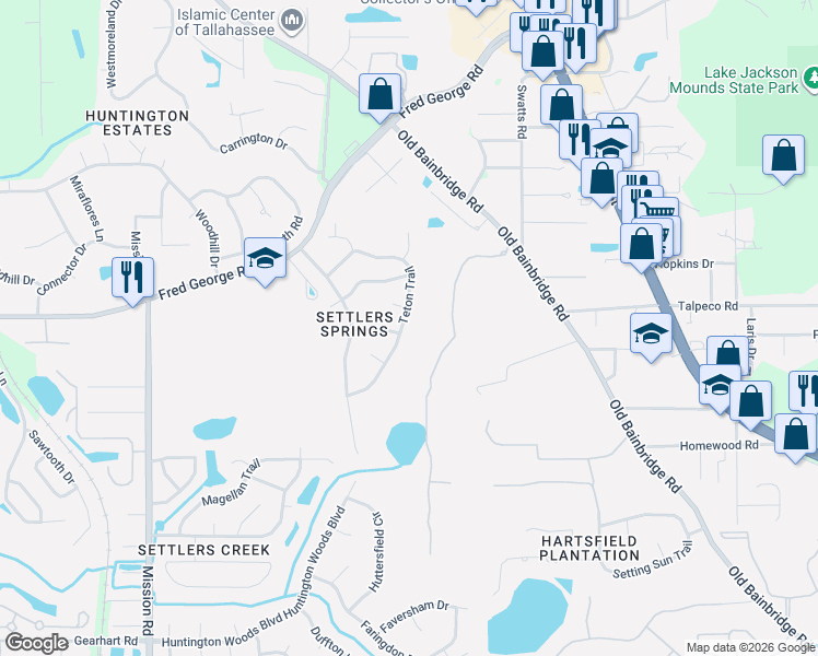 map of restaurants, bars, coffee shops, grocery stores, and more near 2828 Teton Trail in Tallahassee