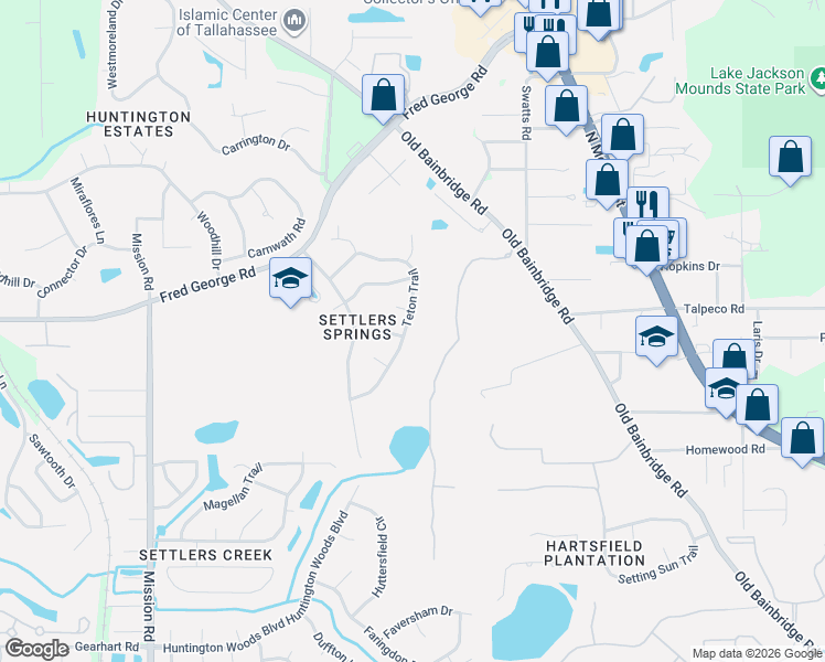 map of restaurants, bars, coffee shops, grocery stores, and more near 2828 Teton Trail in Tallahassee