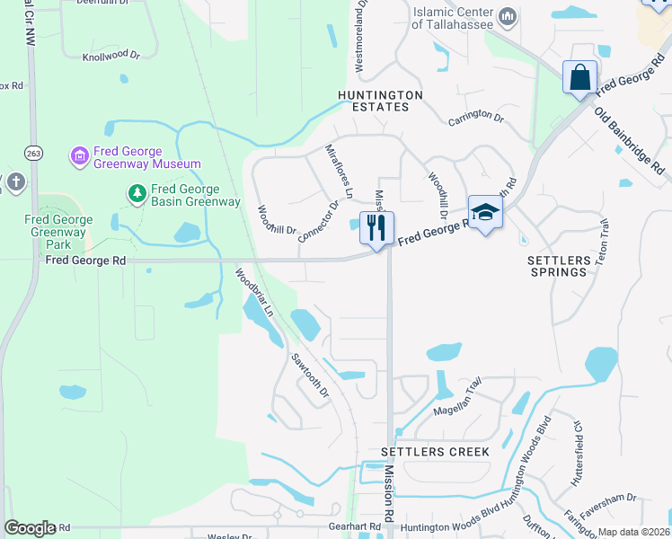 map of restaurants, bars, coffee shops, grocery stores, and more near 4070 Fred George Road in Tallahassee
