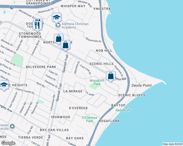 map of restaurants, bars, coffee shops, grocery stores, and more near 4580 Tree Line Drive in Pensacola