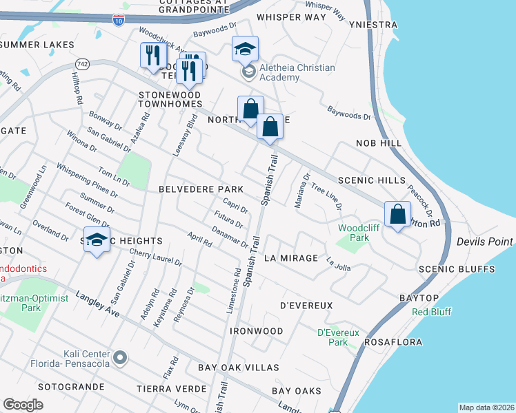map of restaurants, bars, coffee shops, grocery stores, and more near 4242 Capri Drive in Pensacola