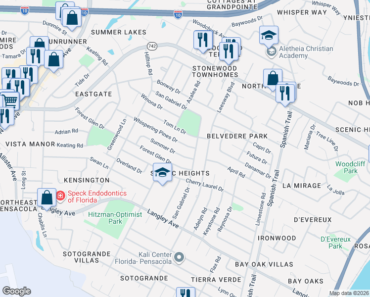 map of restaurants, bars, coffee shops, grocery stores, and more near 3921 Whispering Pines Drive in Pensacola