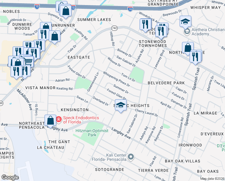 map of restaurants, bars, coffee shops, grocery stores, and more near 3720 Forest Glen Drive in Pensacola