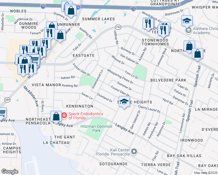 map of restaurants, bars, coffee shops, grocery stores, and more near 3620 Cherry Laurel Drive in Pensacola