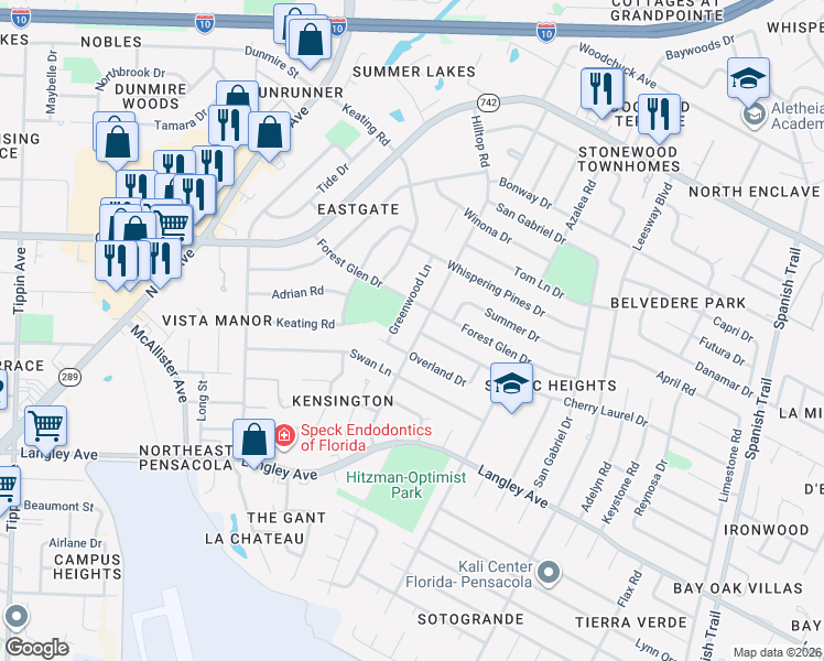 map of restaurants, bars, coffee shops, grocery stores, and more near 5910 Hilltop Drive in Pensacola