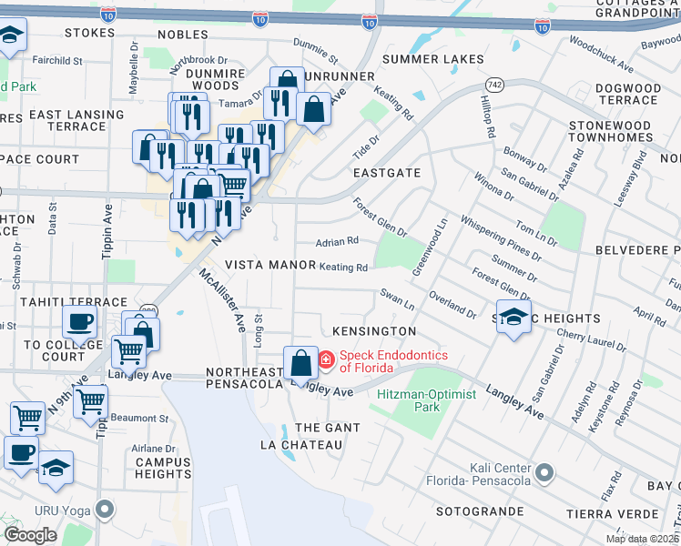 map of restaurants, bars, coffee shops, grocery stores, and more near 3275 Keating Road in Pensacola