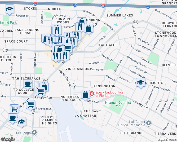 map of restaurants, bars, coffee shops, grocery stores, and more near 3205 Keating Road in Pensacola