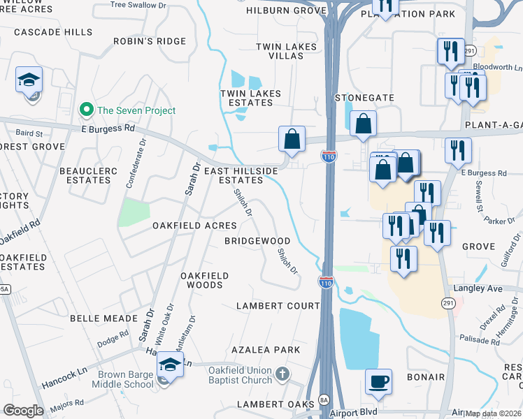 map of restaurants, bars, coffee shops, grocery stores, and more near 440 Shiloh Drive in Pensacola