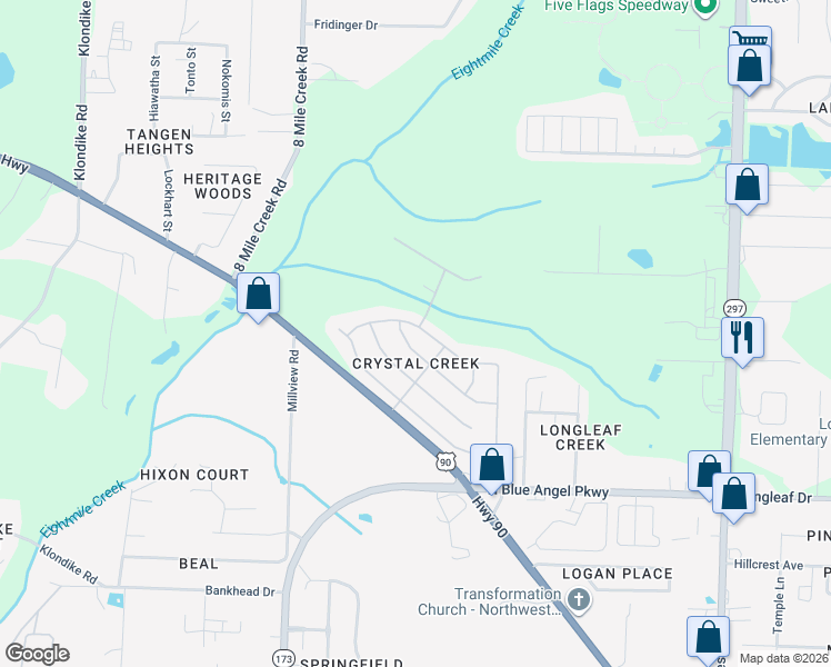 map of restaurants, bars, coffee shops, grocery stores, and more near 7177 Tannehill Drive in Pensacola