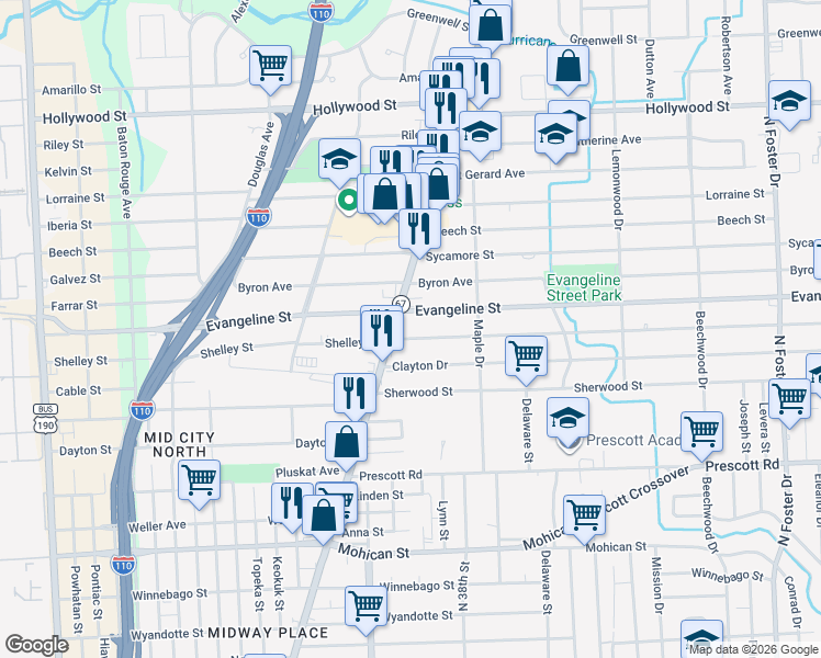 map of restaurants, bars, coffee shops, grocery stores, and more near 3521 Shelley Street in Baton Rouge